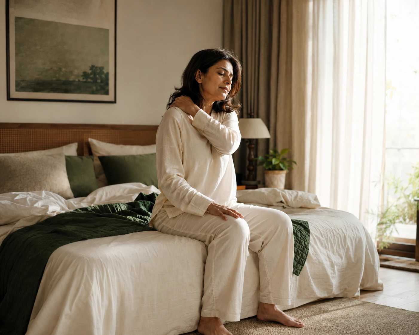 A woman sitting at the edge of her bed in morning light, easing her shoulder